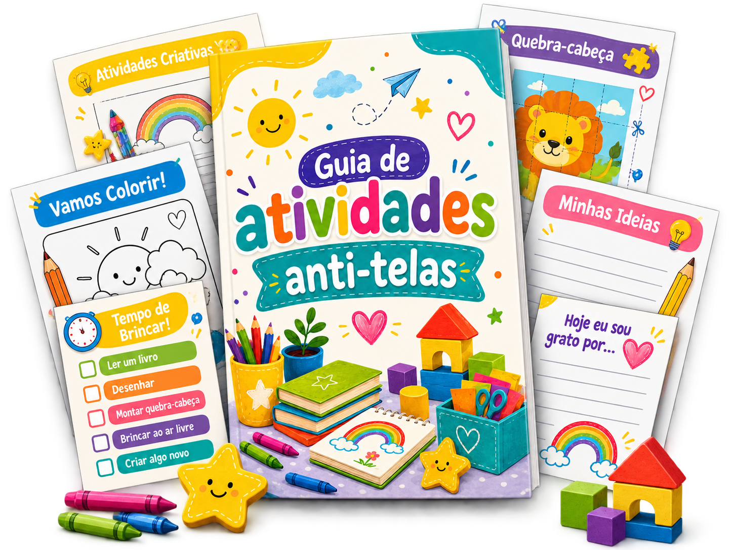 Guia de Atividades Anti-Telas com páginas para colorir e checklists